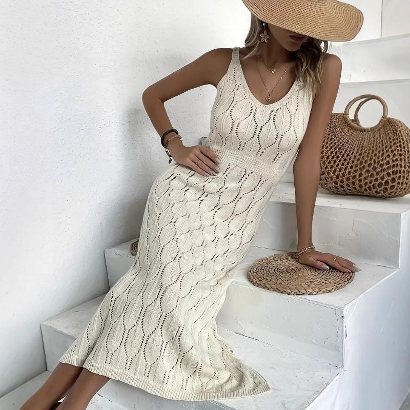 Damen Sexy Taillenbetonend Einfarbig Ausgestanzt Gestrickt Elegant Strand Midi Kleid