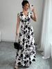 Europäisches und Amerikanisches V-Ausschnitt Taillenbetontes Kurzarmkleid - Frühling/Sommer Druck Langes Kleid für Damen