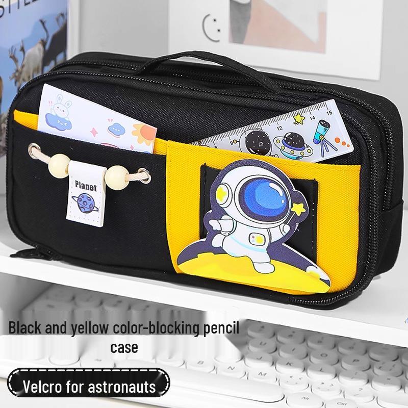 Send Astronaut Velcro! Boys' Black Dirt-Resistant Pencil Case, Hand-Carry, Large Capacity, New 2025 Style.