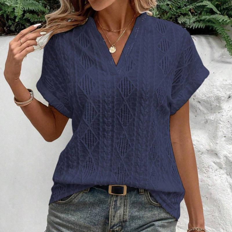 Ladies Summer Short Sleeve V Neck Solid Color Jacquard Pullover Hollow T Shirt Top