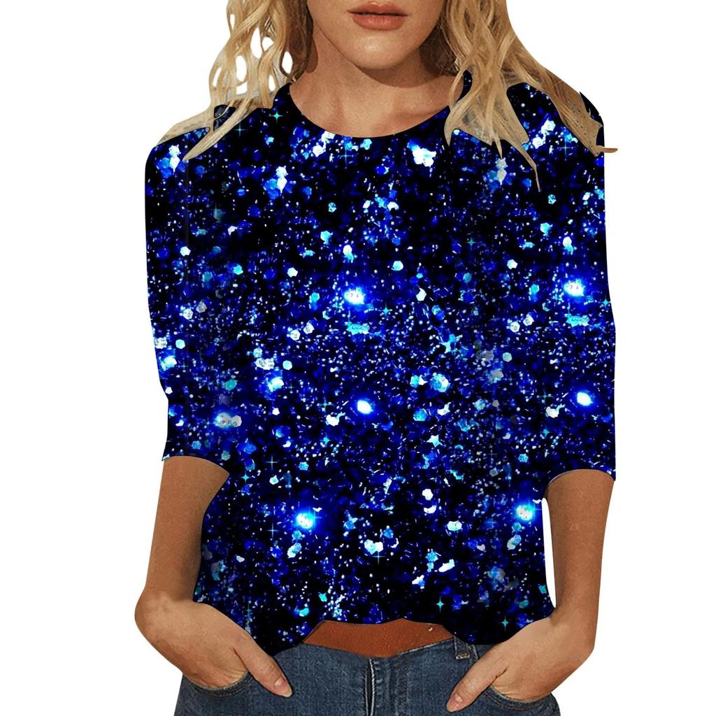 Spring and Autumn Round Neck 3D Glitter Pattern Printed Top Fashionable Casual Long Sleeved Women's T-shirts