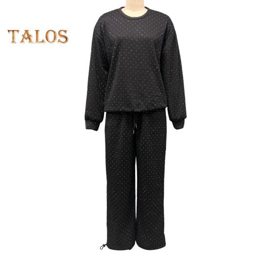 2 Teile/satz Damen Top Hosen Anzug Rundhals Langarm Strass Dekor Sweatshirt Elastische Taille Weite Bein Hose Alltagskleidung Sport Outfit Herbst