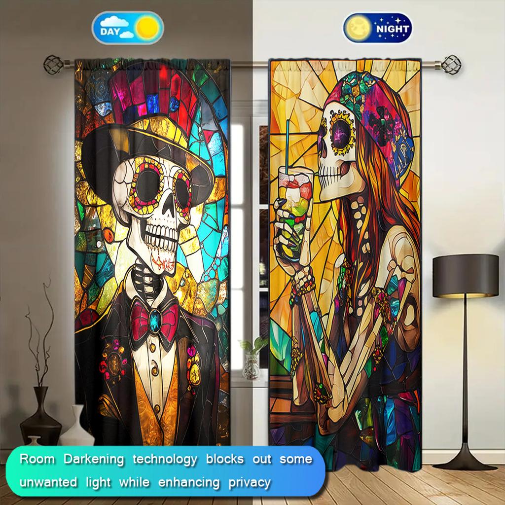2pcs Colorful Glass Window Skeleton Love Printed Curtain for Halloween Home Decor - Rod Pocket Window Treatment for Bedroom