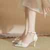 Pointed High Heels Large Size Plus Size Wide Women's Shoes Pearl Bow Single Shoes Single Buckle Hollow Sandals
