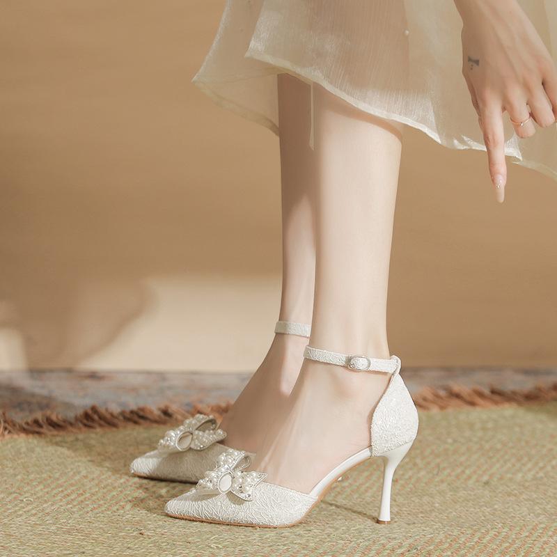 Pointed High Heels Large Size Plus Size Wide Women's Shoes Pearl Bow Single Shoes Single Buckle Hollow Sandals