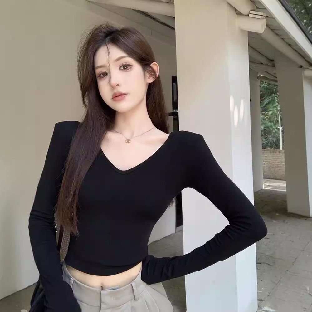 Black Spicy Girl V-neck Long Sleeve Shoulder Pad Top - Slim Fit Summer Innerwear