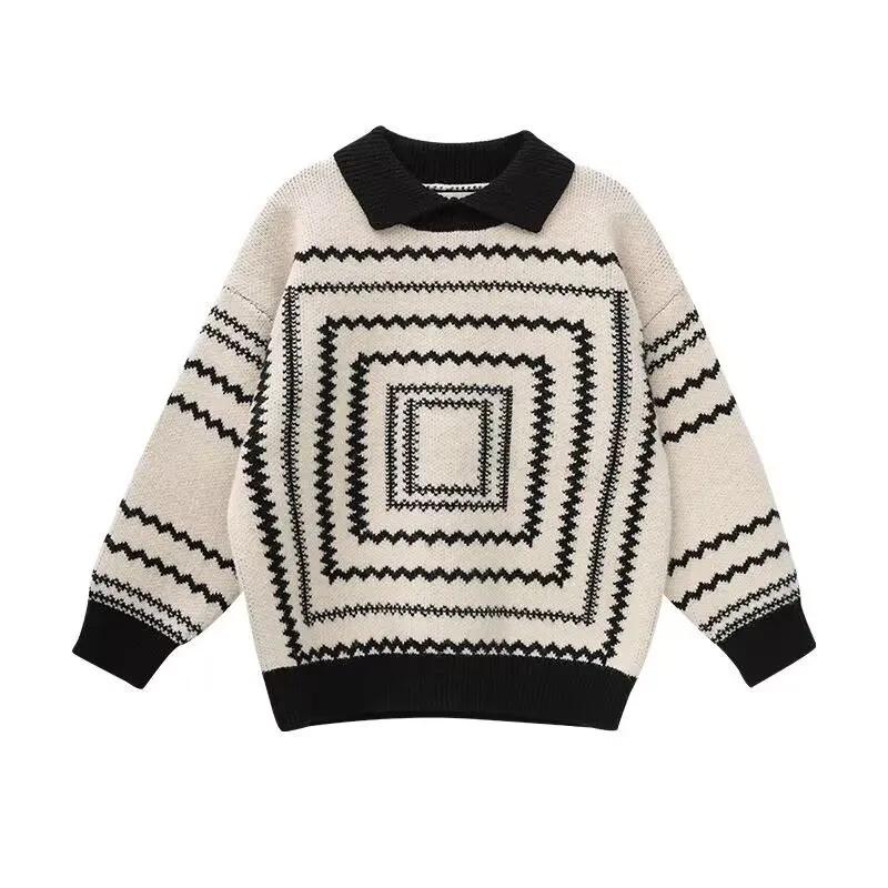 Korean Style Polo Collar Children's Sweater Retro Style Boys' Spring and Autumn Baby Knitwear Turn-Down Collar Trendy