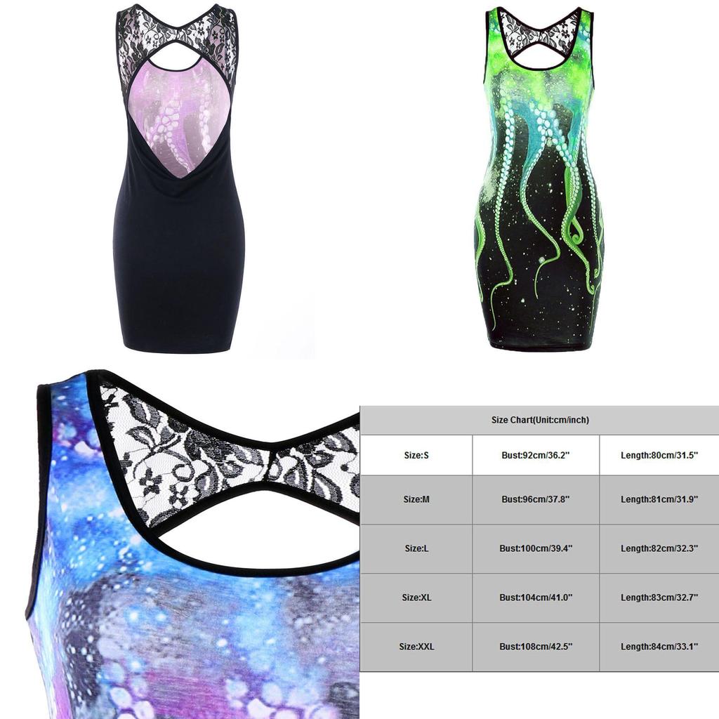 Women Summer Delicate Sleeveless Cut Out Octopus Print Mini Dress With Lace Stitching