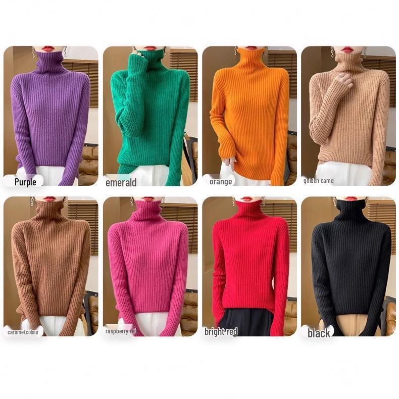 High-Neck Ribbed 100% Wool Seamless Sweater