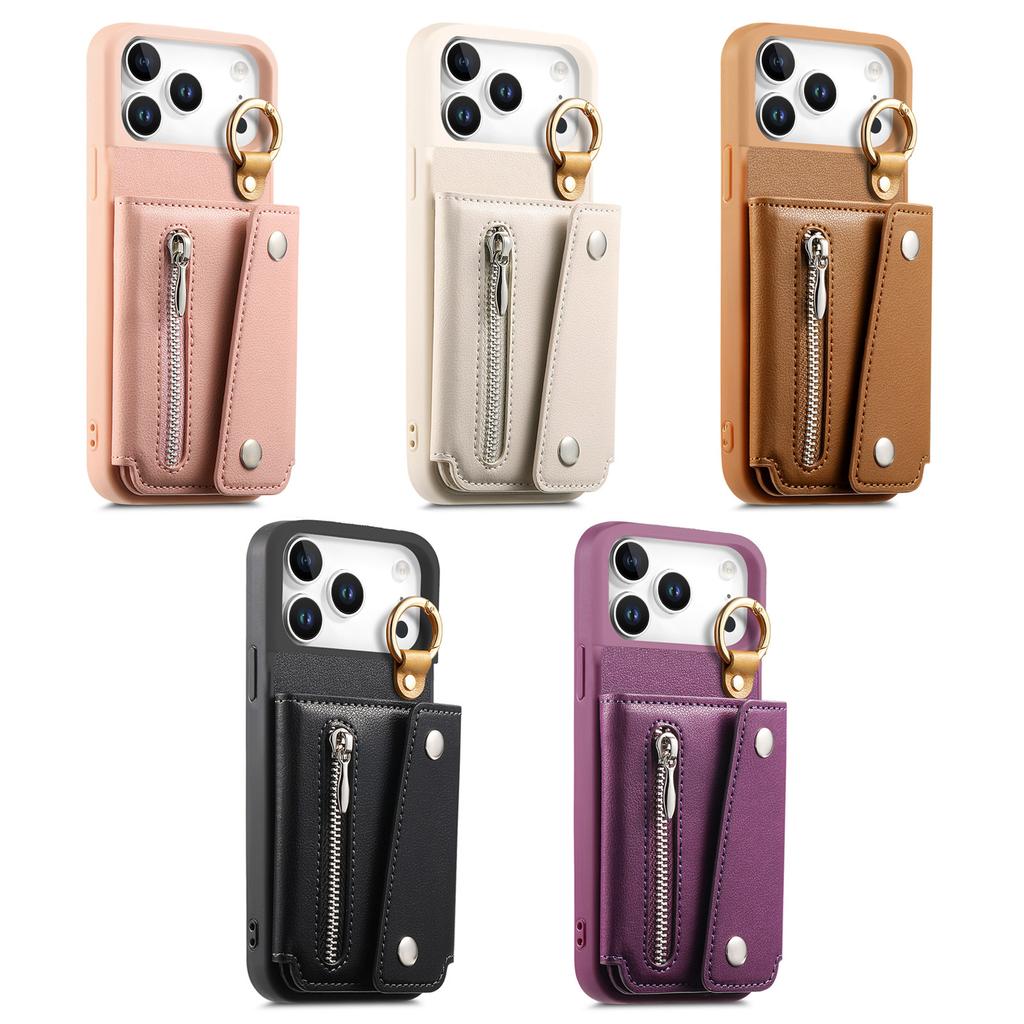 Zipper Cards Solt Leather Wallet Case for iPhone 17 Pro Max 16 Plus 15 14 13 12 11 17air Ring Holder Triple Fold Bag Stand Cover