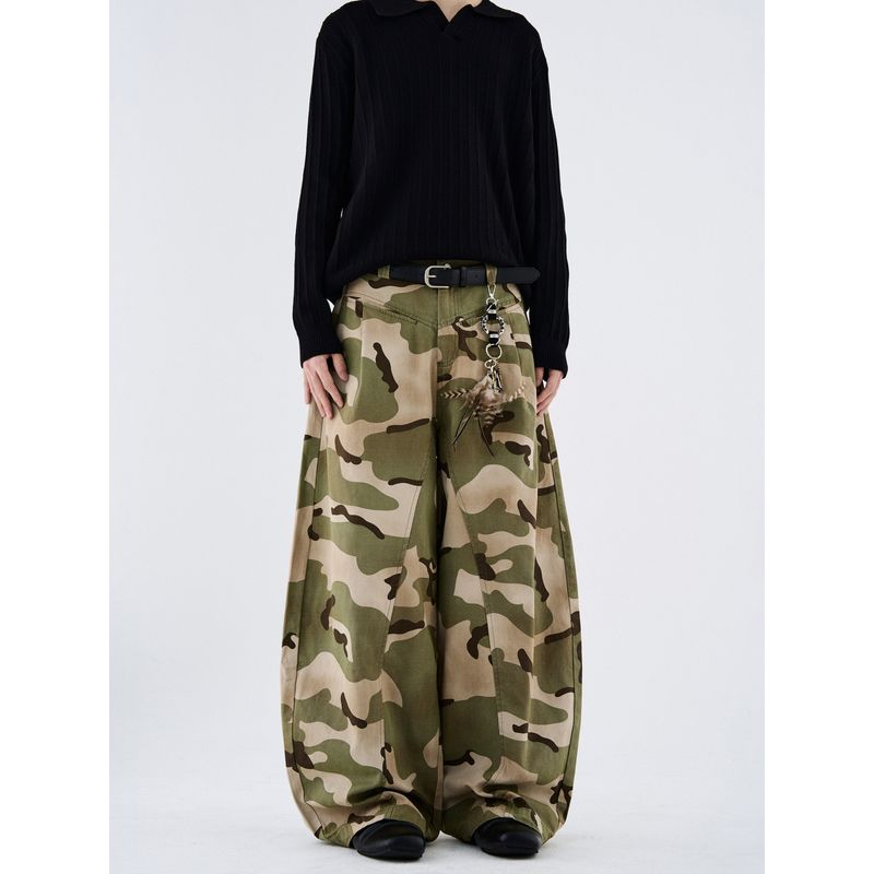 Kisko American Retro Camouflage Front Pocket Silhouette Scimitar Pants Unisex Trendy Brand Cool Loose Wide-Leg Casual Pants