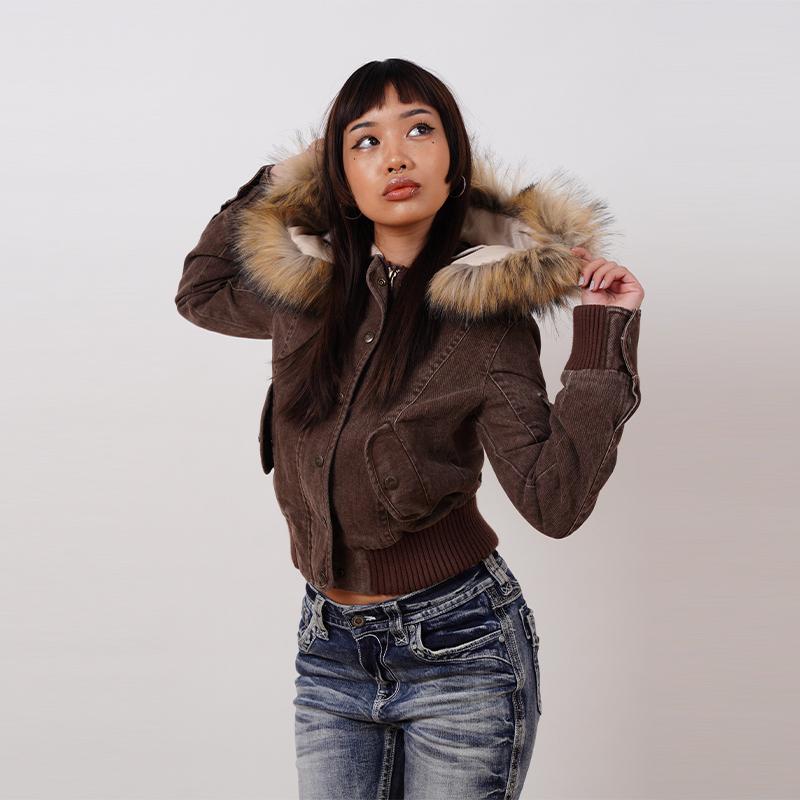 Vintage Brown Short Hooded Jacket Women's Full Sleeve Slim Detachable Fur Collar NEW Winter  Autumn Female Outerwear
