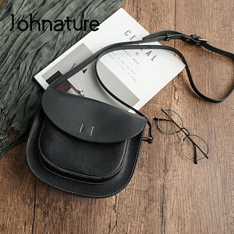 Johnature Simple Genuine Leather Women Bag Handmade Vintage Shoulder Bags Solid Color Natural Cowhide Messenger Bag