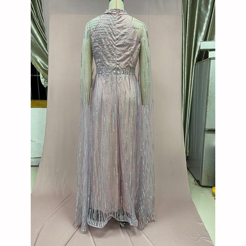 Damen Elegant Quasten Pailletten Partykleid Maxi Langarm Sexy Ausgeschnitten Rundhals Abend Hochzeitskleider