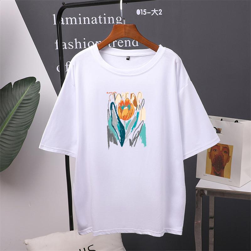

Летняя женская футболка с цветочным принтом «TWINFLAMES», большие размеры для девочек, футболки с короткими рукавами Y2k, женская одежда, топы M белый