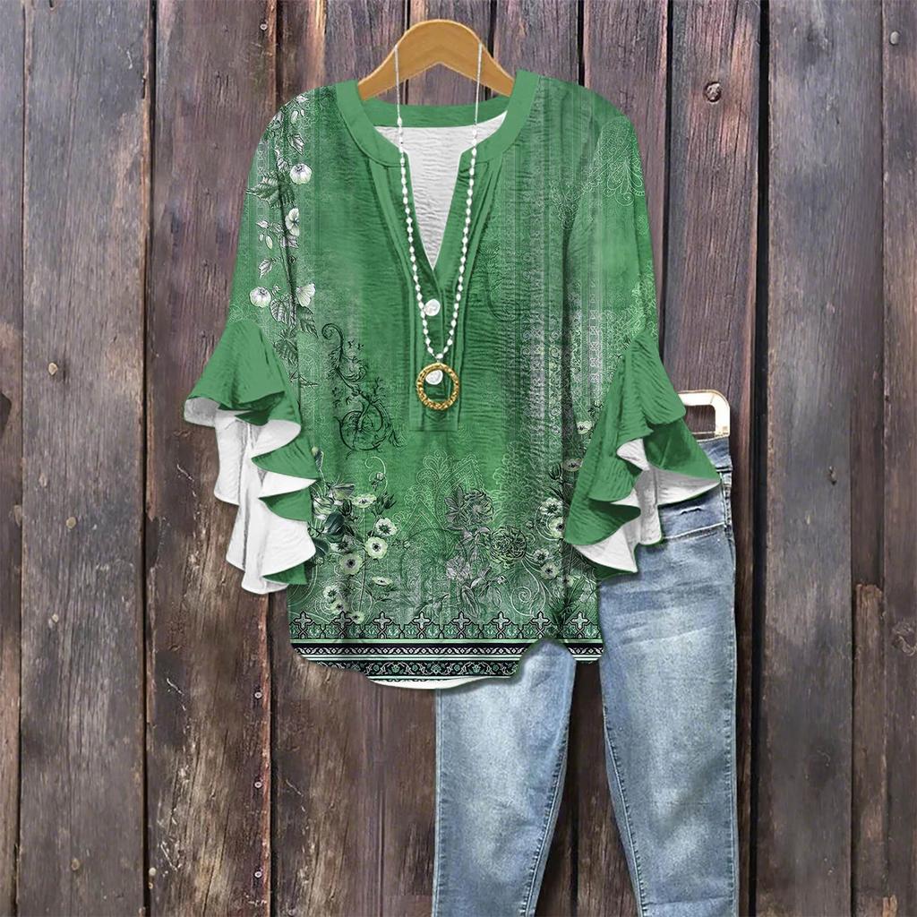 Modă Femei Casual Buton Gât V Mânecă Șapte Bluză Top Imprimeu Vintage