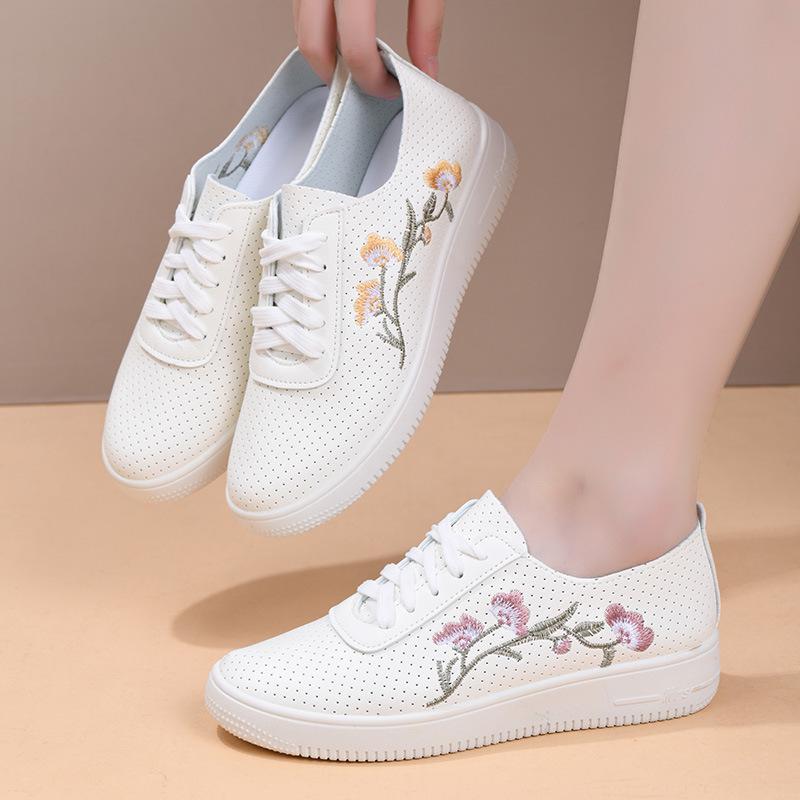 Women's White Leather & Mesh Breathable Shoes - Soft Sole, Non-Slip, Korean Style for Spring/Summer