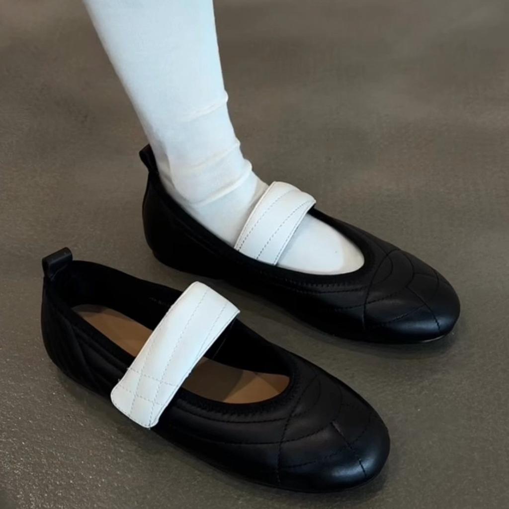 Soft Leather Version~ French Leather Light Mouth Mary Jane Shoes Women's 2025 New Velcro Color Matching Flat Ballet Shoes