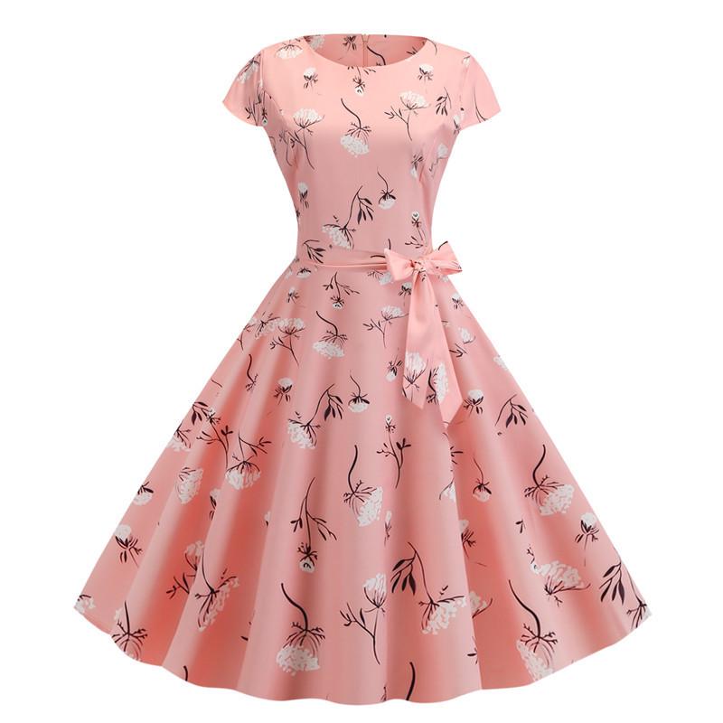 2024 Trendy Retro Round Neck Summer Dress with Short Sleeves and Flowy Print