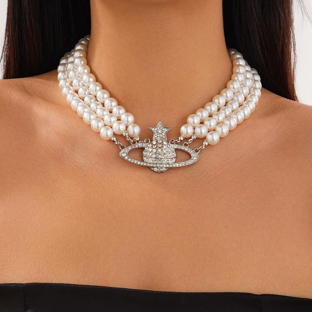 Collier Planète à Paillettes Multi-Couches Imitation Perle, Bijou Rétro en Forme d'Étoile Entièrement Pavé de Diamants pour Femme