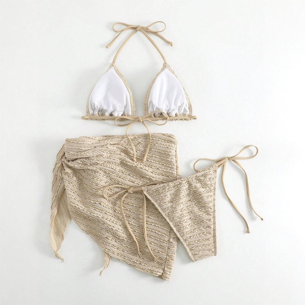New European And American Swimsuit Bikini Split Swimsuit Solid Color Sexy Bikini Three-Piece Set