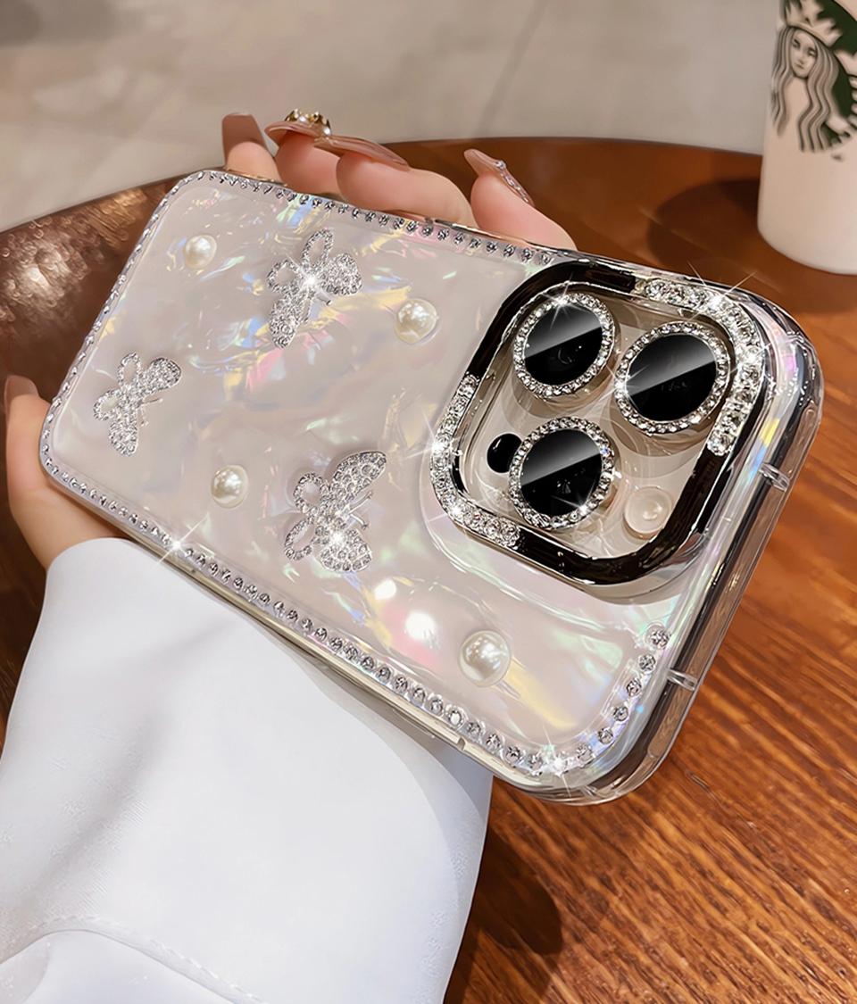 

Роскошный блестящий силиконовый чехол для телефона для iPhone 16 15 14 13 12 11 Pro Max Plus с жемчужной бабочкой, защитный противоударный чехол For iPhone 16