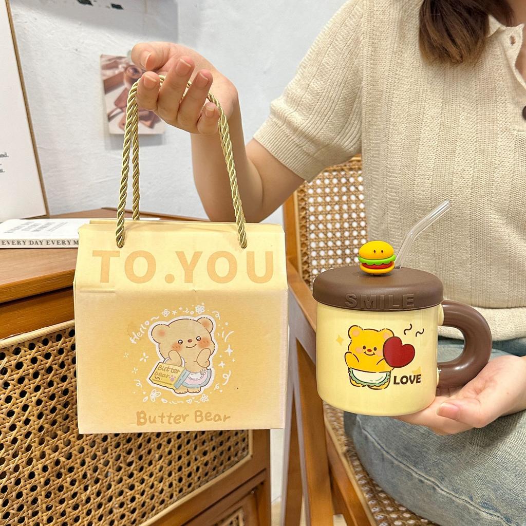 Cute Butter Bear Straw Cup High Value Ceramic Mug with Lid Cute Drinking Water Cup Birthday Gift Practical