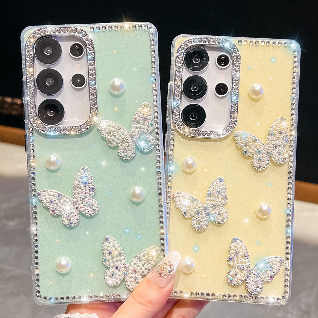 Glitter Pearl Butterfly Suitable for Samsung S25 Ultra Mobile Case Flash Diamond S24FE Luxury A56 Protection Case