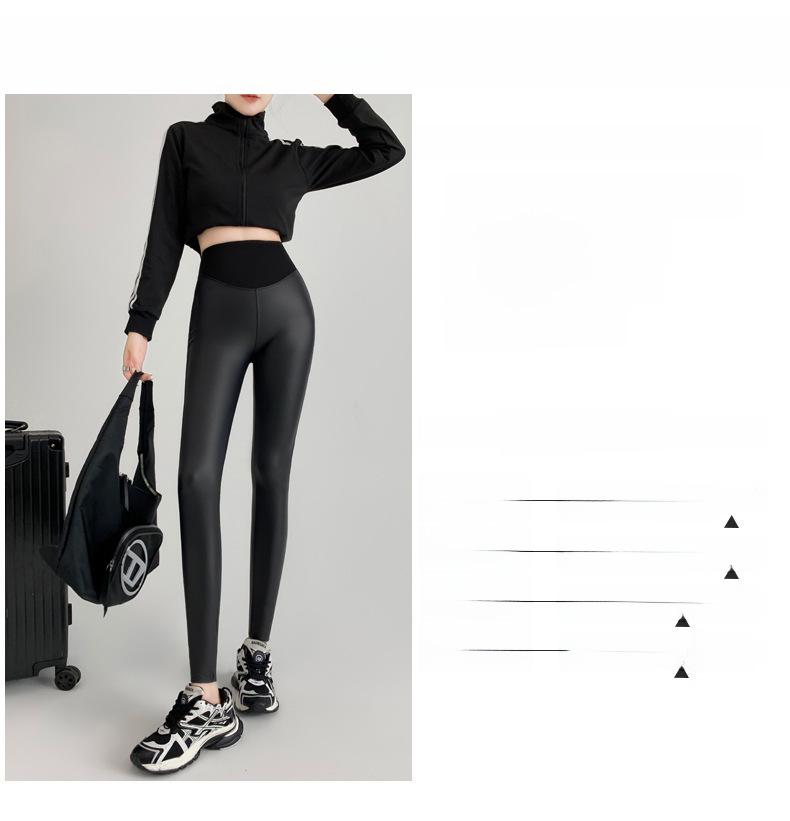 Dámské kožené jógové kalhoty s vysokým pasem a sametovou podšívkou na štíhlé postavy