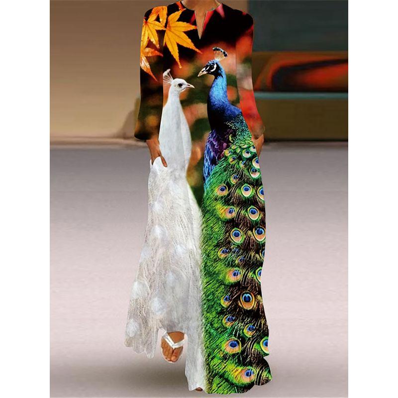 Spring/Summer Fashion Dress Women's Chinese Style Red Carp Printed V-neck Long Sleeve Dress Travel Catwalk Beach Dress