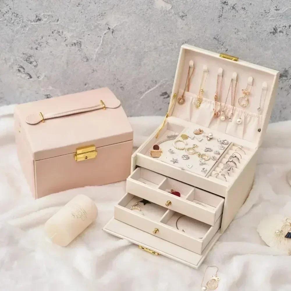 Three Drawer Handheld Jewellery Box Earring Ring Necklace Storage PU Leather Jewellery Display Box With Security Key Lock Amagi