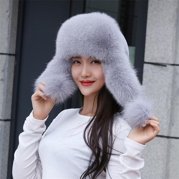 New 100% Real Fox Fur Hats Women's Russian Ushanka Aviator Trapper Snow Skiing Hat Caps  Winter Raccoon Fur Bomber Hat