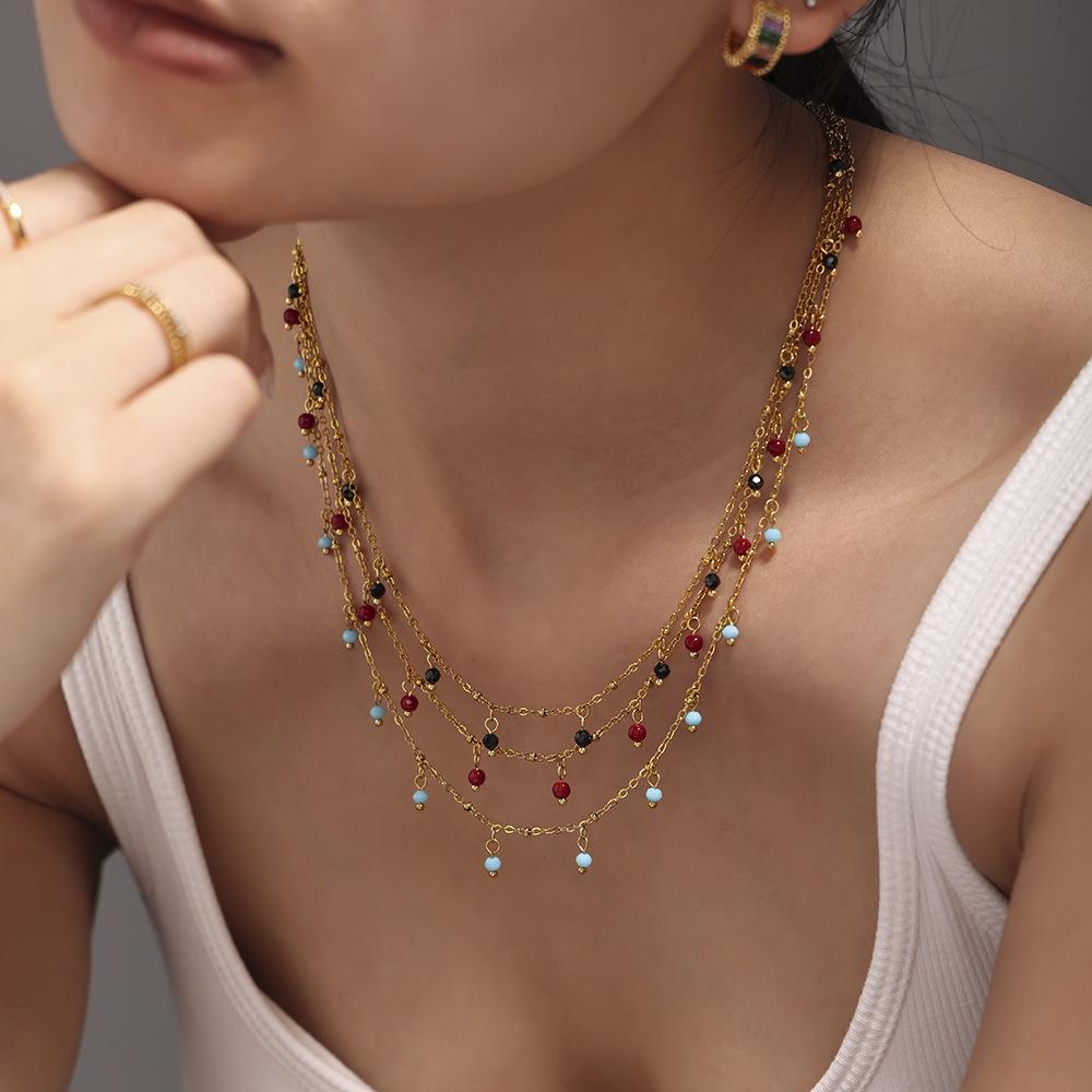 Qiong Yao Handmade Natural Stone Beads Double Layer 18K Gold Plated Choker Necklace for Women