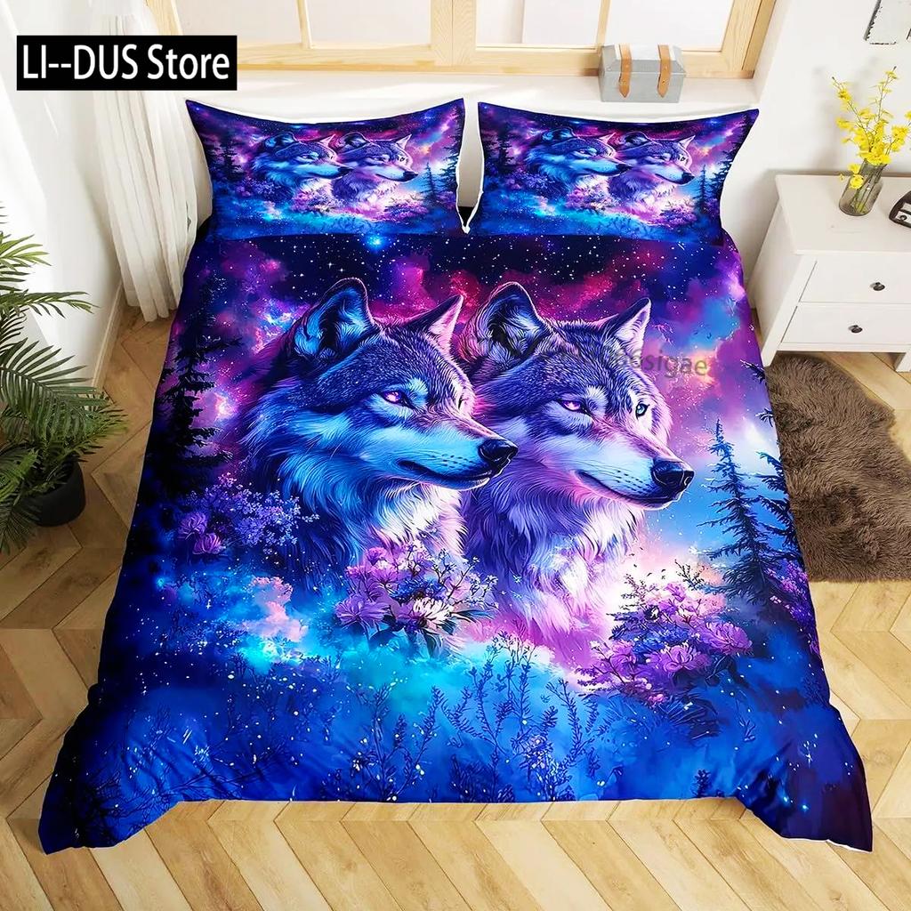 Wolf Bettbezug Einzelbett King Size, Heulende Wölfe Wildtier Bettwäsche Set Aurora Tiere Galaxie Druck Deckenbezug Für Kinder Jungen
