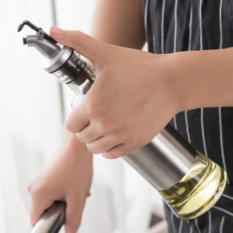 Stainless Steel+Glass Oil Bottle Gravy Boats,Leak-proof Soy Sauce Vinegar Cruet Storage Bottle Dispenser,Kitchen Cooking Tools