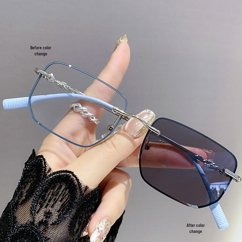 

Photochromic Color-Changing Rimless Metal Anti-Blue Light Glasses for Students