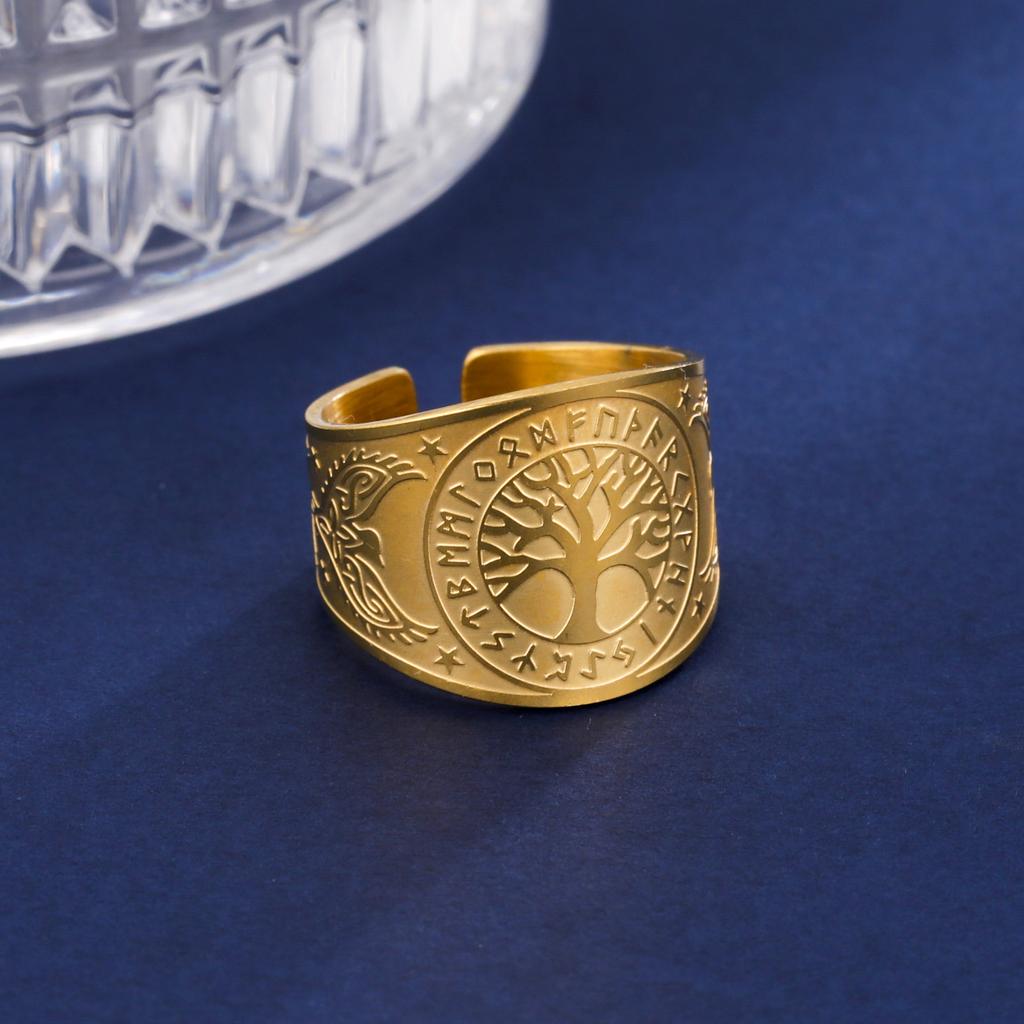Viking Tree of Life Open Rings for Men Pentagram Triple Moon Goddess Ring Vintage Magic Amulet Wicca Stainless Steel Jewelry