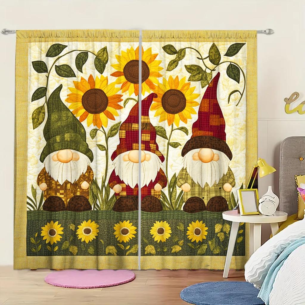 2 Stück Cartoon Zwerg Illustration Bedruckter Vorhang für Weihnachts-Heimdeko-Stangentasche Fensterbehandlung für Schlafzimmer, Büro, Küche