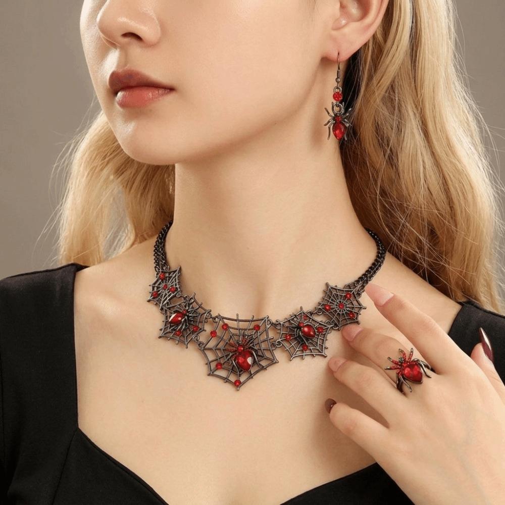 3pcs with Inlaid Glass Halloween Pendant Earrings Gothic Style Punk Hollow Necklace Gift