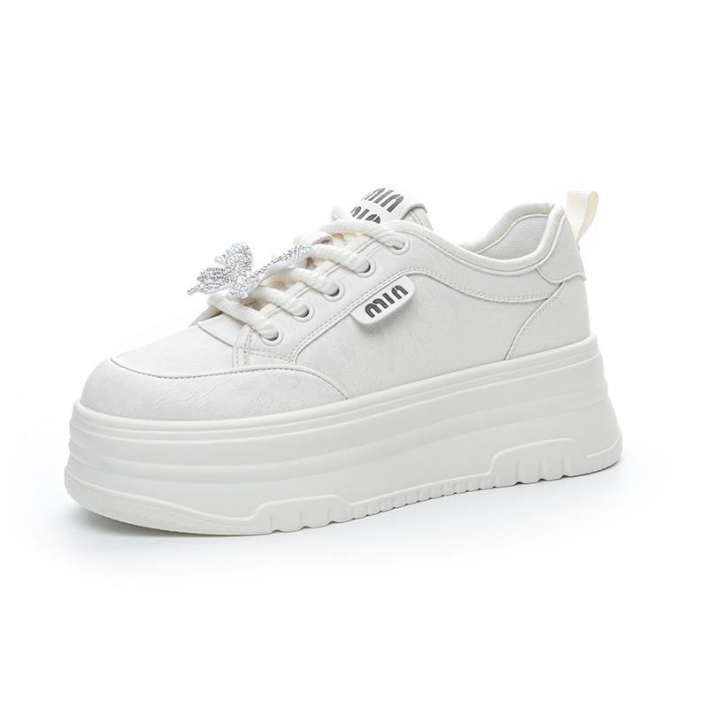 Small size women's shoes spring 2025 platform women's shoes butterfly rhinestone versatile muffin shoes casual sports white board shoes