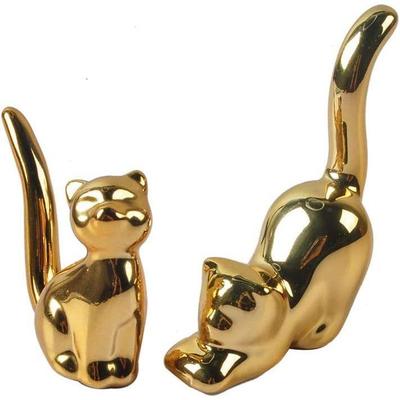 Goldene Katzenfigur Statuen für Heimdeko Akzente Wohnzimmer Büro Tisch Bücherregal Schreibtisch Schlafzimmer (2 Stück Niedliche Katze)