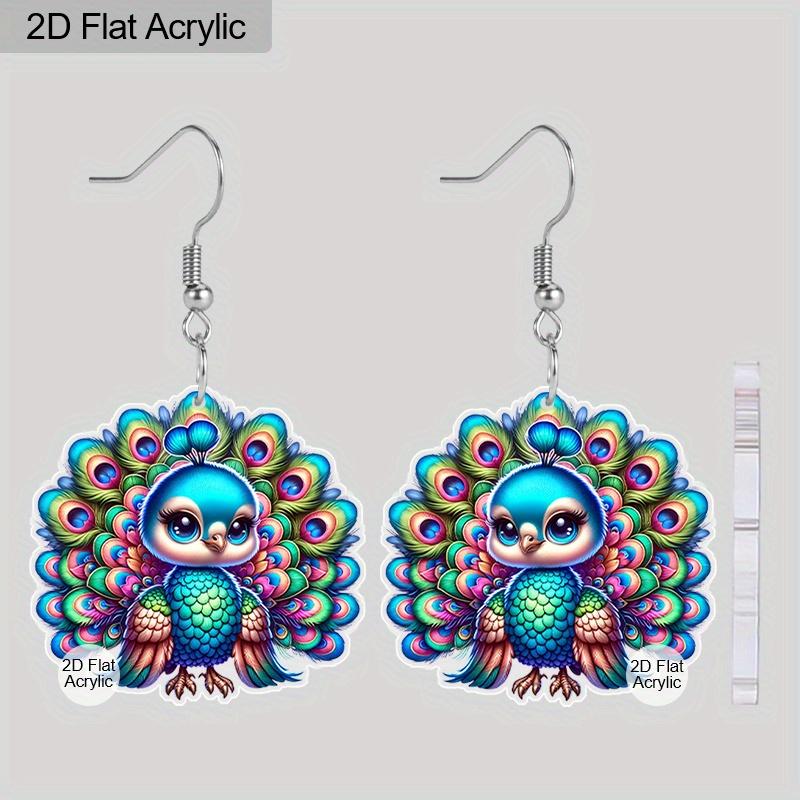 

2D Flat Acrylic Diwali Cartoon Colorful Peacocks Double-sided Pattern Earrings Jewelry Gift for Women Female