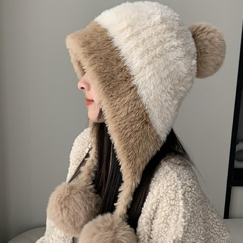 Winter Plush Wool Hat For Women Girls Cute Ear Muffs Windproof Knitted Cap For Cold Weather
