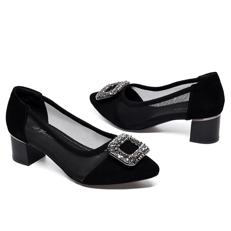 Spring and Autumn new shallow mouth evening shoes rhinestone temperament work shoes not tired feet thick heel single shoes women