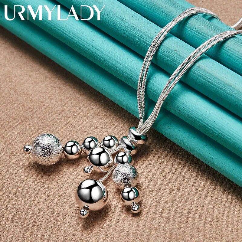 URMYLADY 925 Sterling Silver Double Snake Chain Matte Smooth Beads Necklace For Women Wedding Party Fashion Jewelry