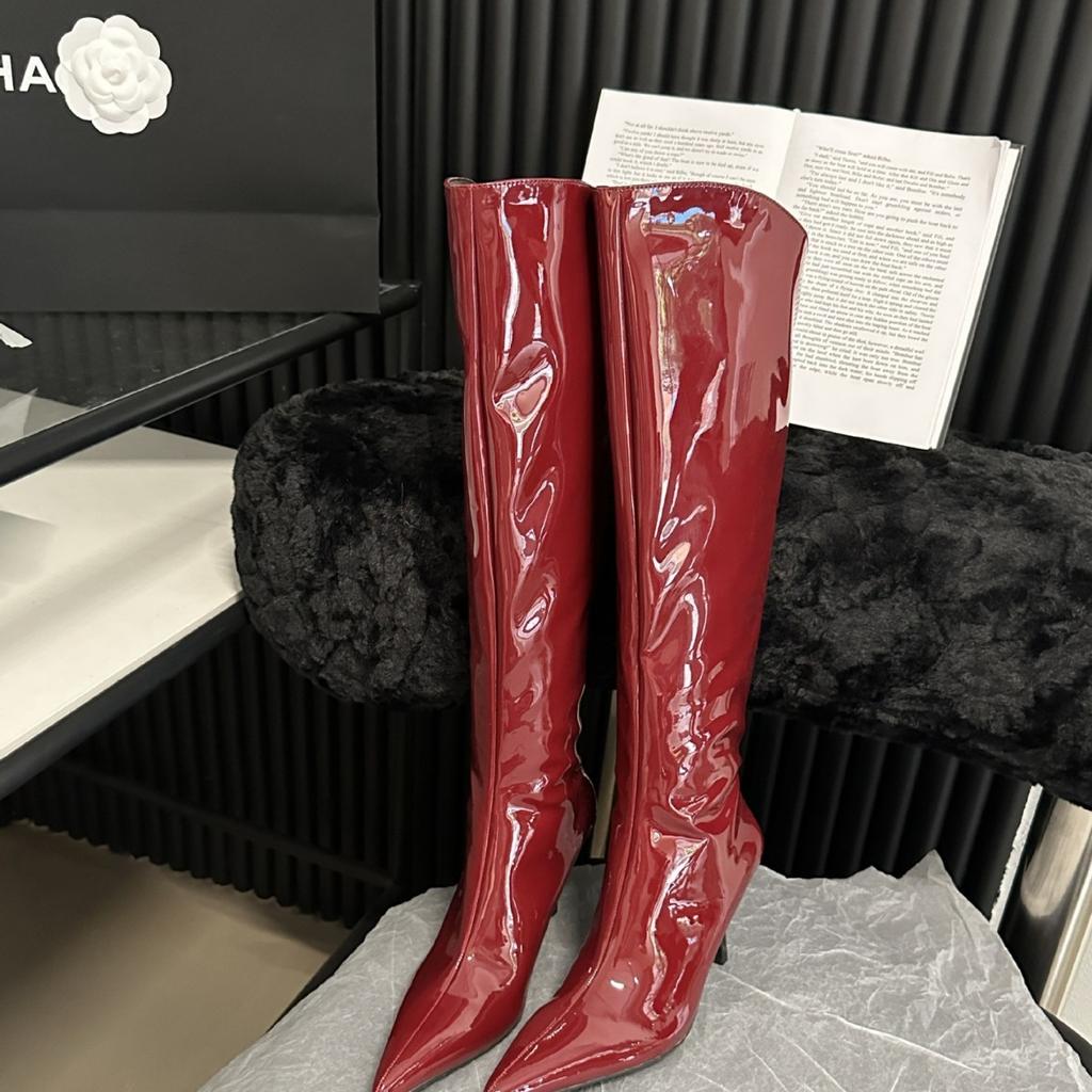 European and American Pointed-toed Piled Boots Patent Leather Boots Women's High Boots High-heeled Boots