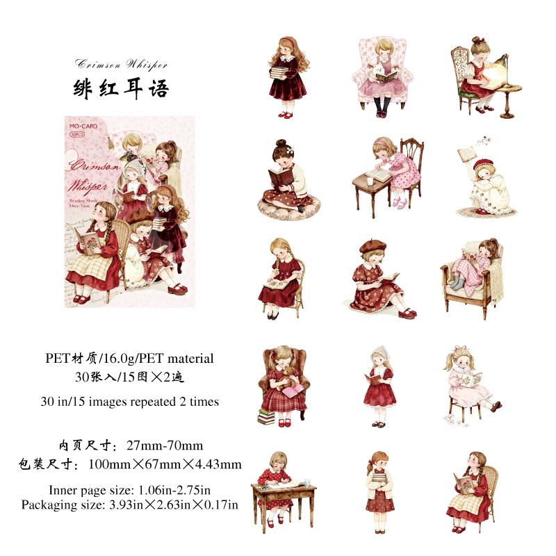 30pcs Time Slow Reading Series Kawaii Little Girl PET Stickers DIY Diary Scrapbook Decor Journal Aesthetic Stickers