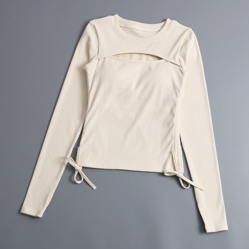 Womens Long Sleeve Yoga Top Sexy Cutout Drawstring Tight Fitness Training Sportswear