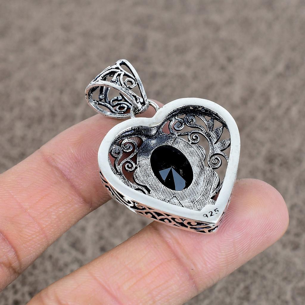 Black Spinel Gemstone Handmade 925 Sterling Silver Jewelry Pendant 1.77" KKG-52