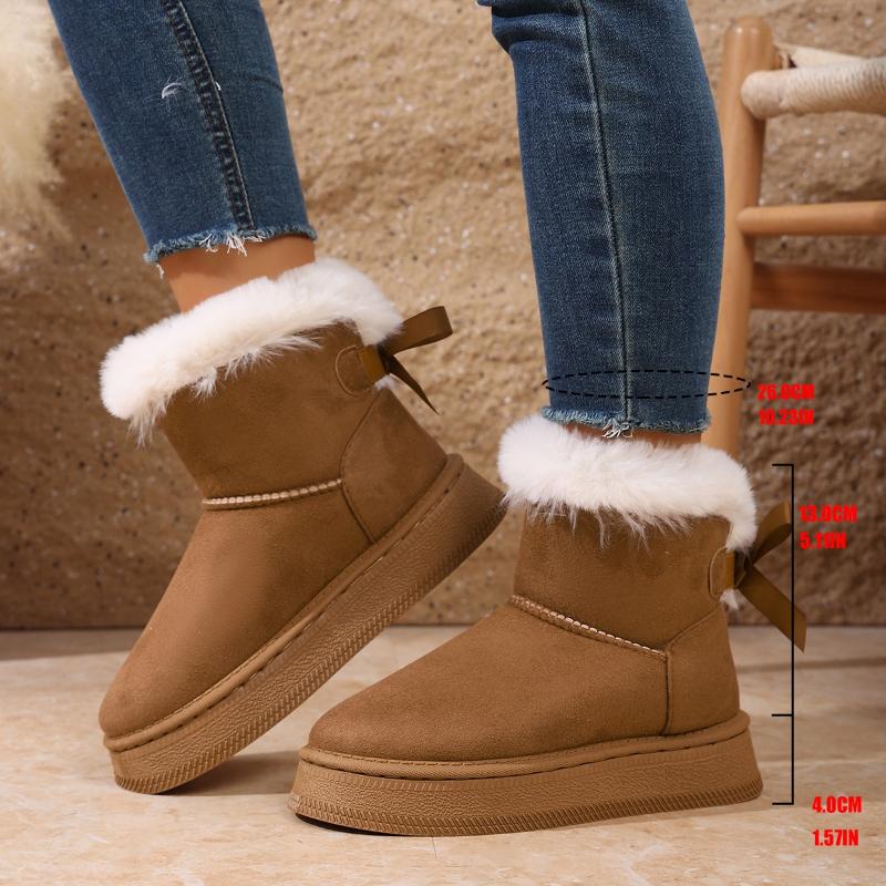 Fashionable Bow Round Toe Elegant Snow Boots Winter Flat Wear-resistant Comfortable Soft Students Plus Velvet Warm Women's Shoes